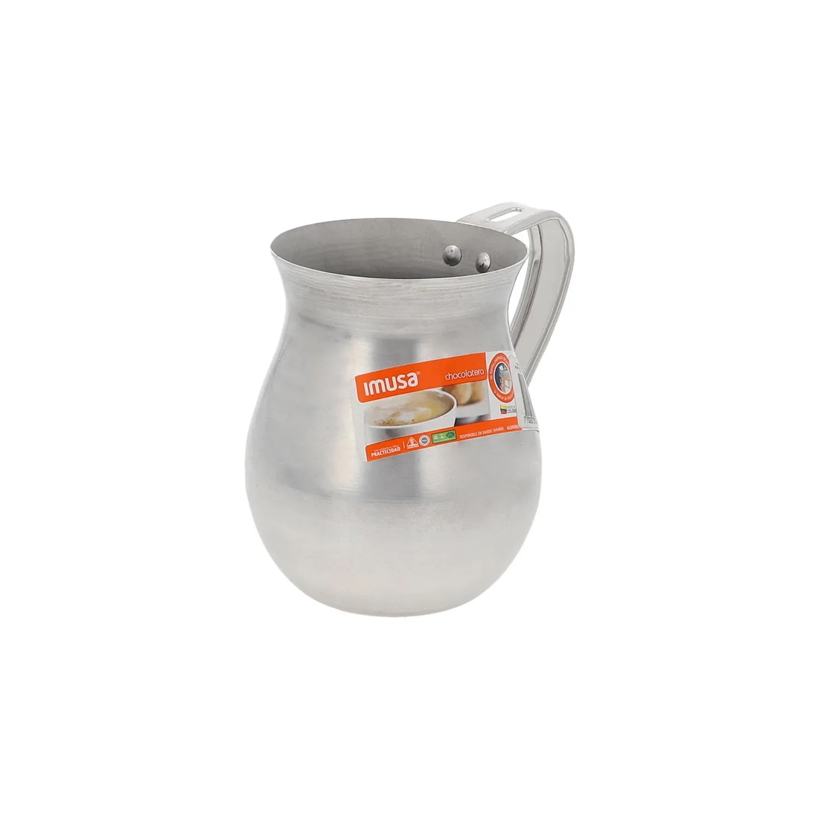 Jarra chocolatera de aluminio con asa para preparar bebidas calientes.