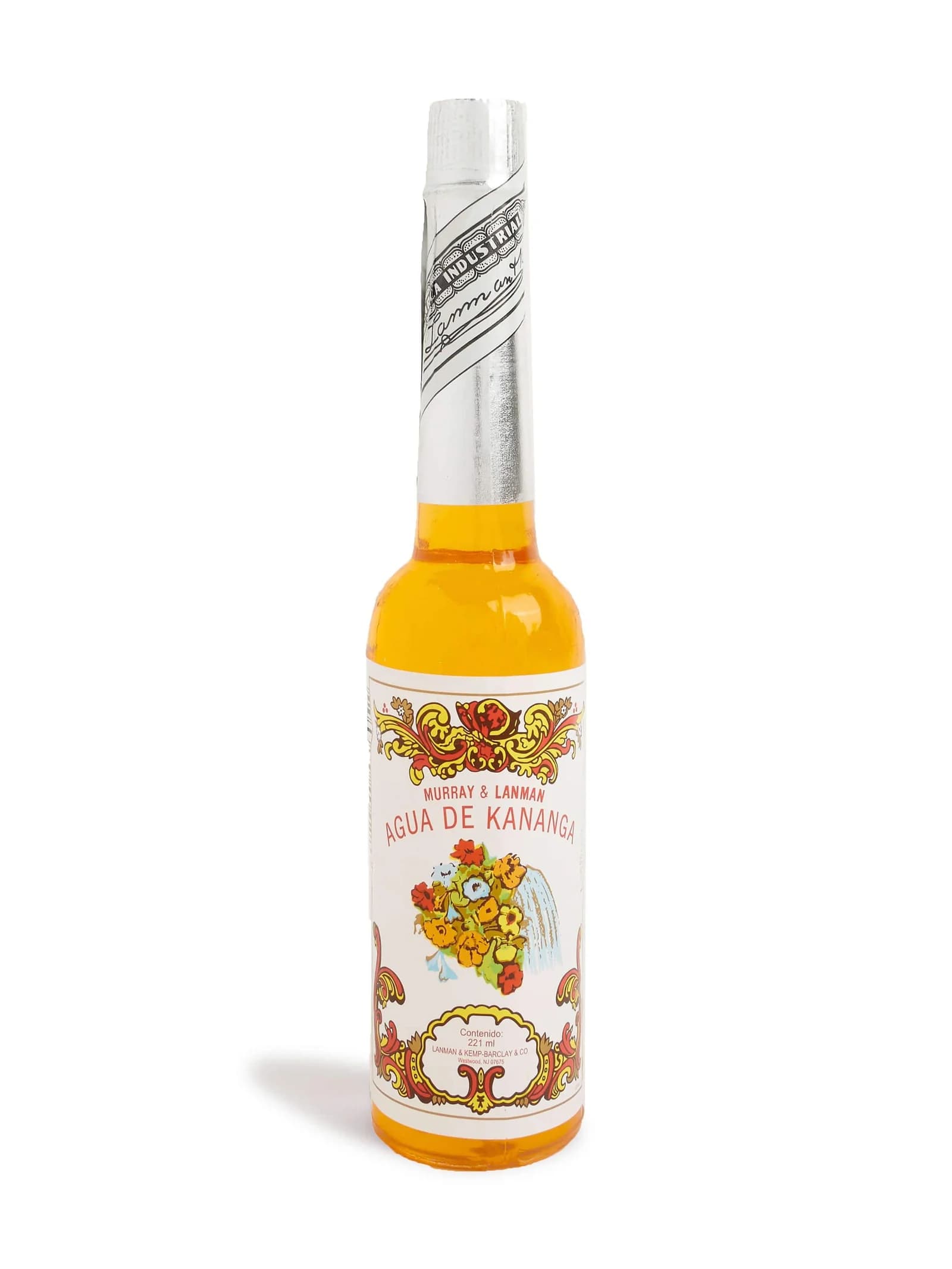 Botella de Agua de Kananga Murray & Lanman con etiqueta floral roja y dorada.