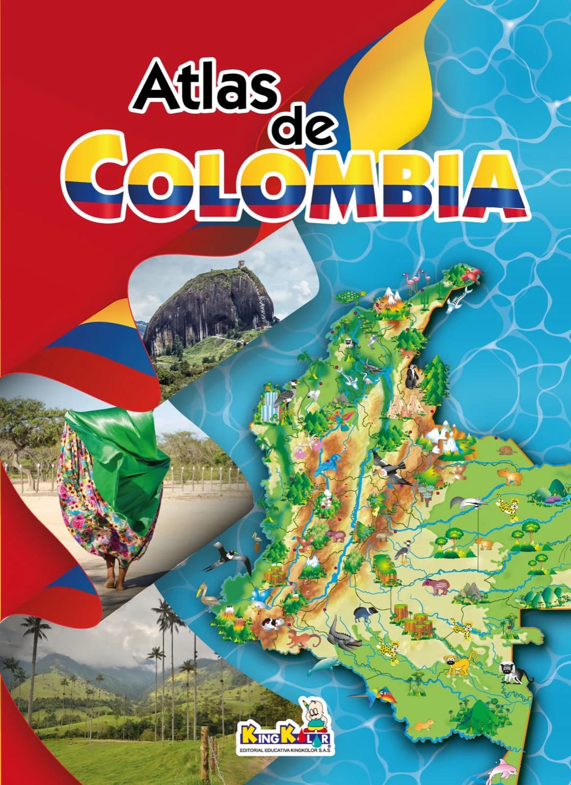 Portada colorida del Atlas de Colombia con mapa e imágenes del país.