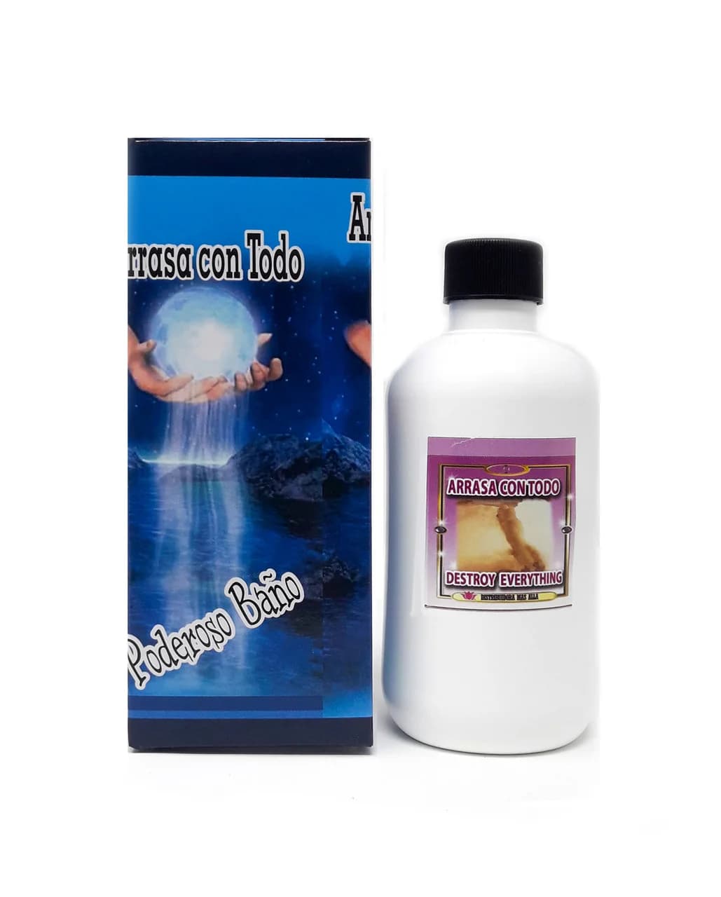 Presentación en caja y botella del baño espiritual Arrasa con Todo.