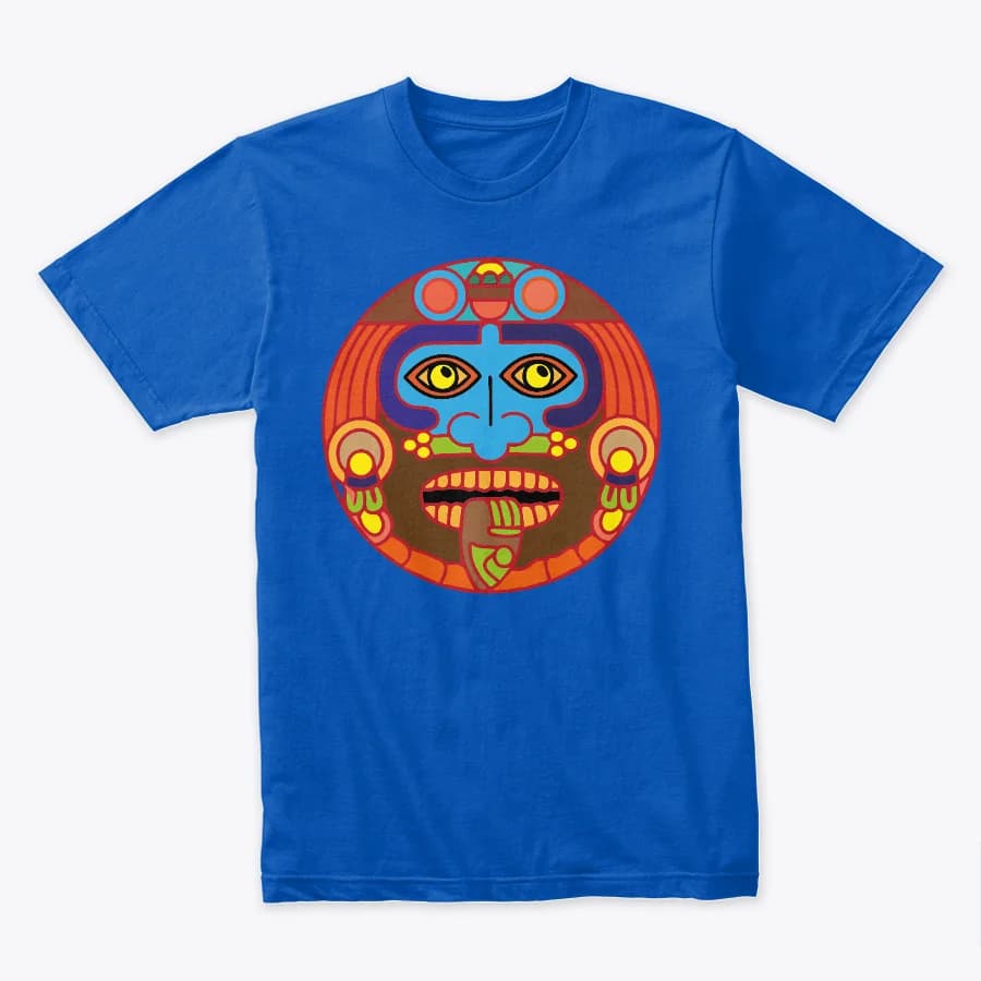 Camiseta azul con diseño gráfico precolombino