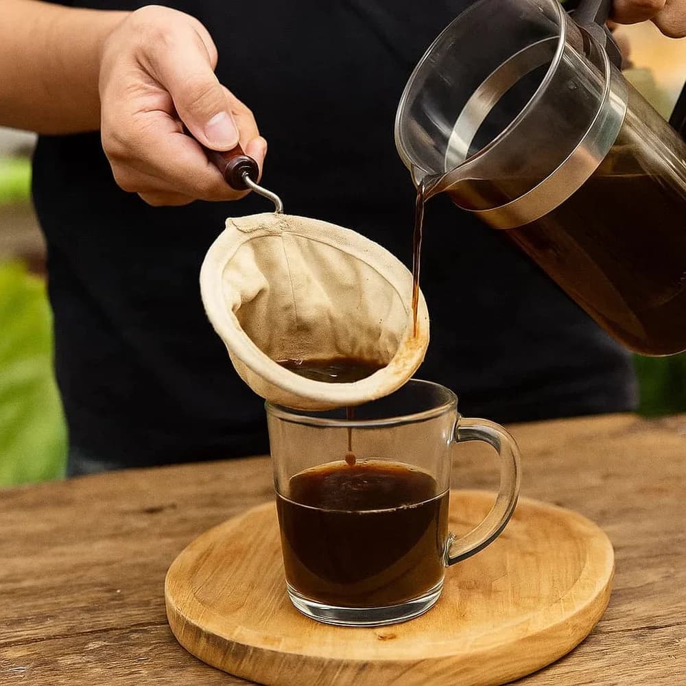 Colador de tela con aro y mango de madera