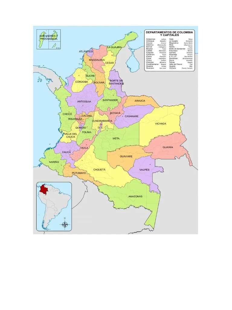 Mapa político de Colombia con la división por departamentos