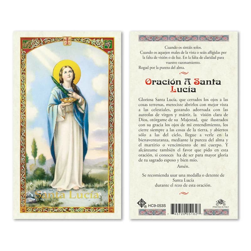 Estampa laminada de Santa Lucía con oración en español