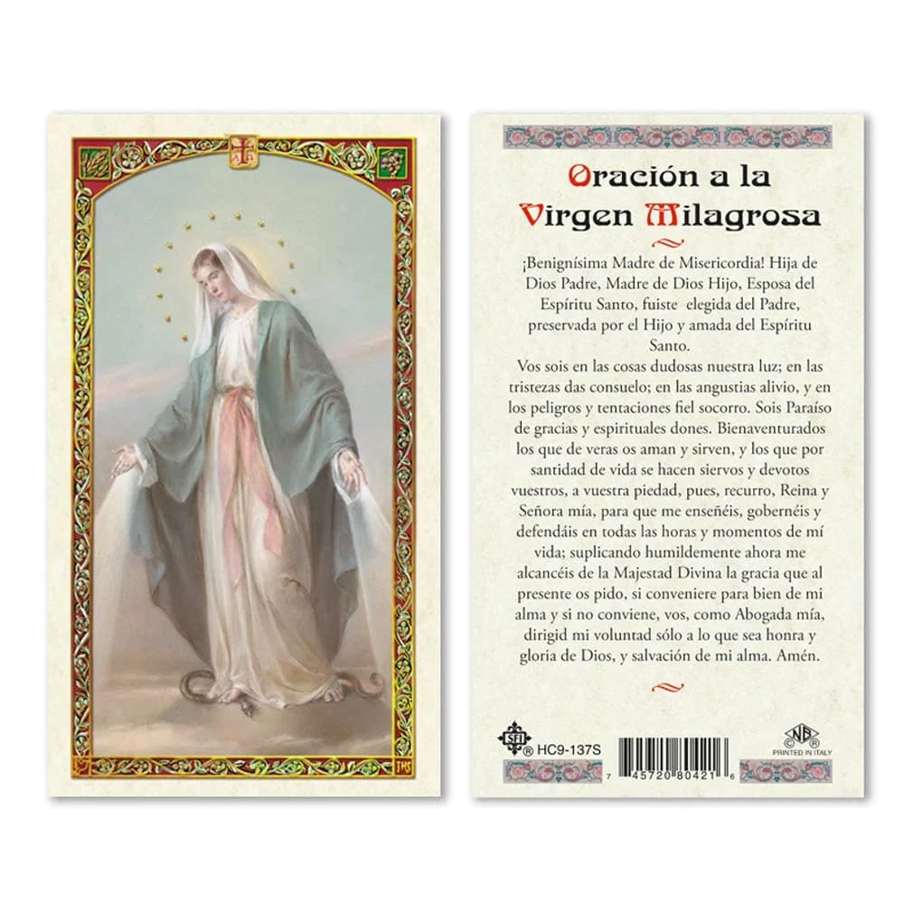 Estampa laminada de la Virgen Milagrosa con oración en español