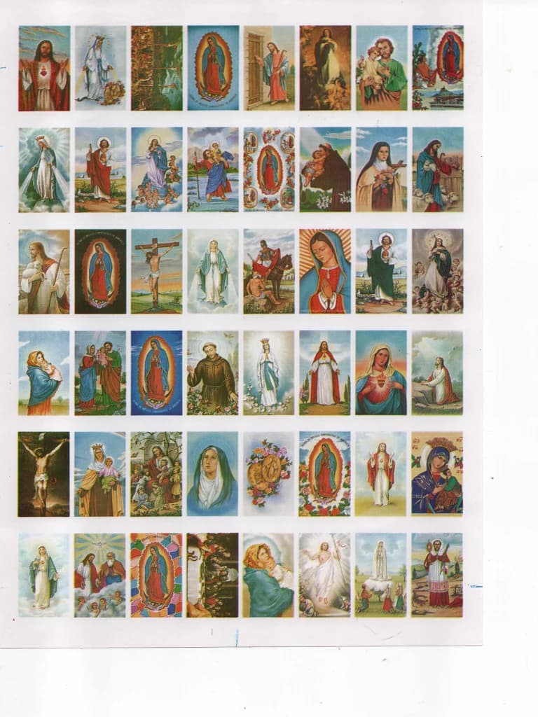 Varias estampas religiosas a color con imágenes de Jesús, la Virgen María y santos.