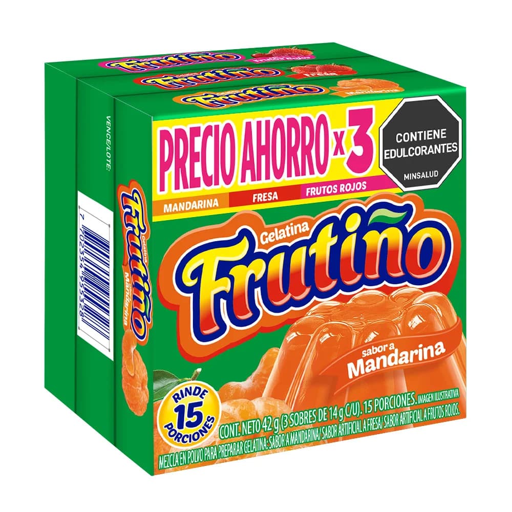 Caja Frutino de gelatina de sabores de 42 gramos con tres sobres.