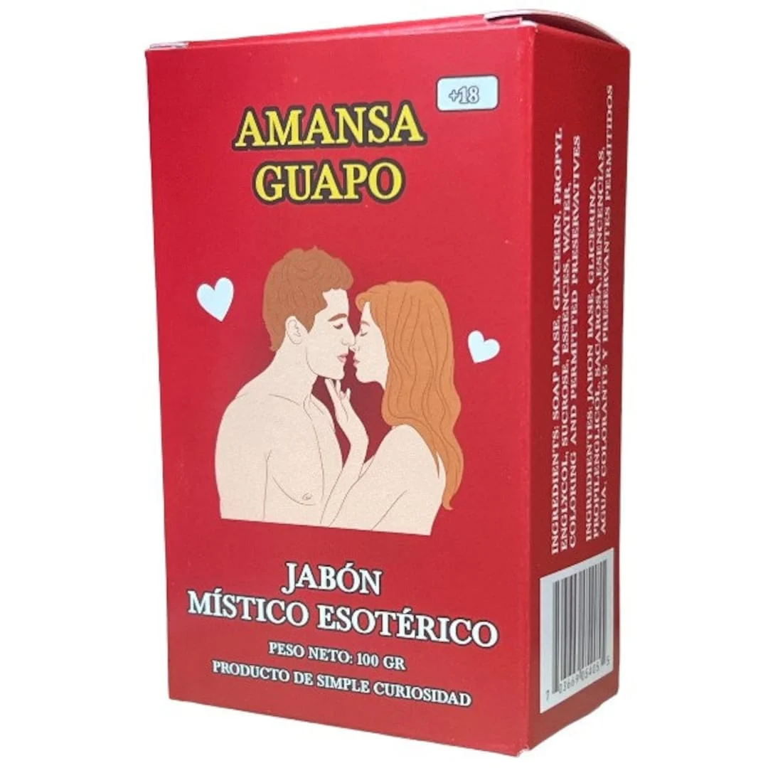 Jabón esotérico Amansa Guapo en caja roja con ilustración de pareja.