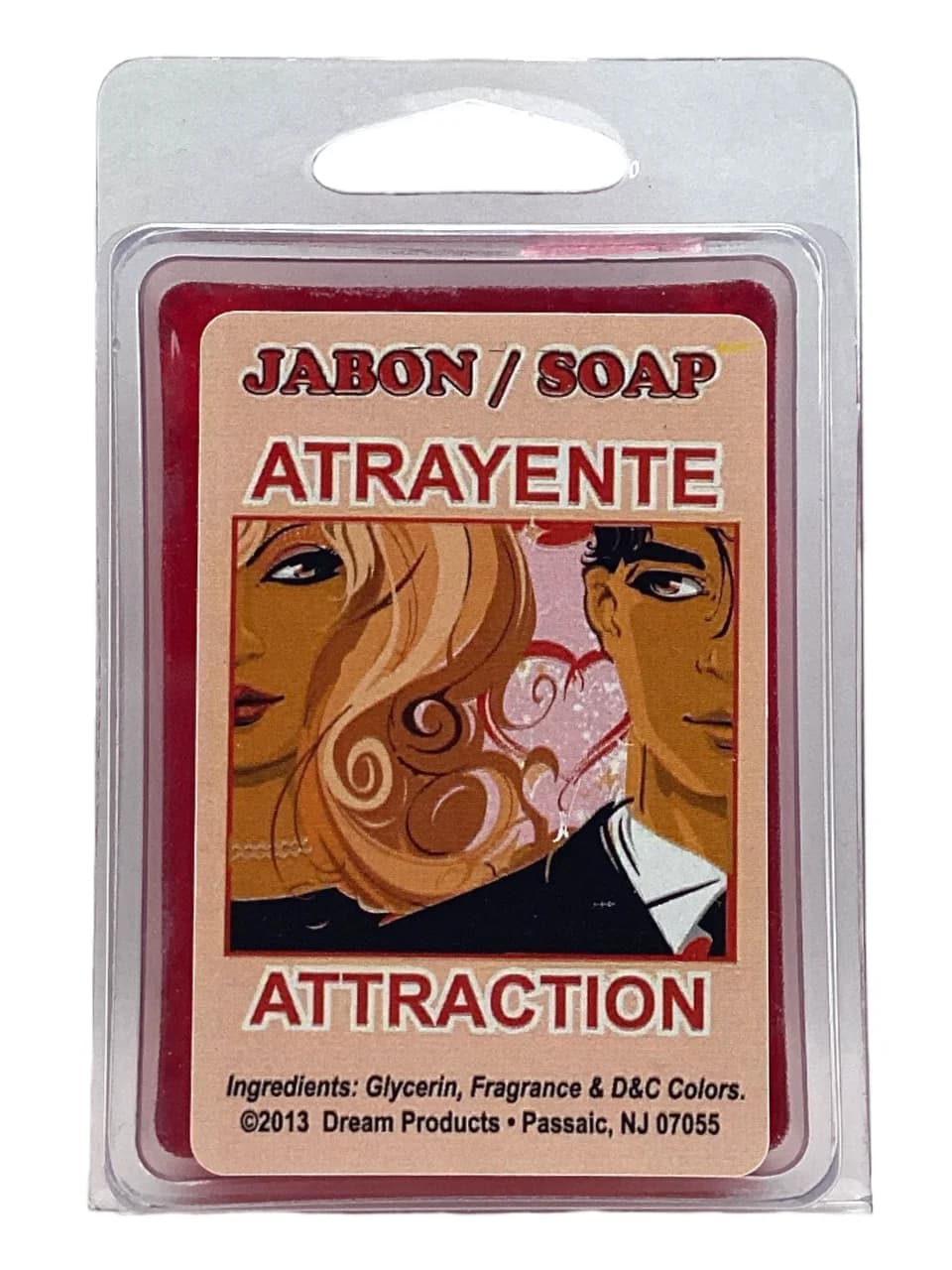 Jabón Atrayente Attraction en empaque transparente con ilustración de pareja.