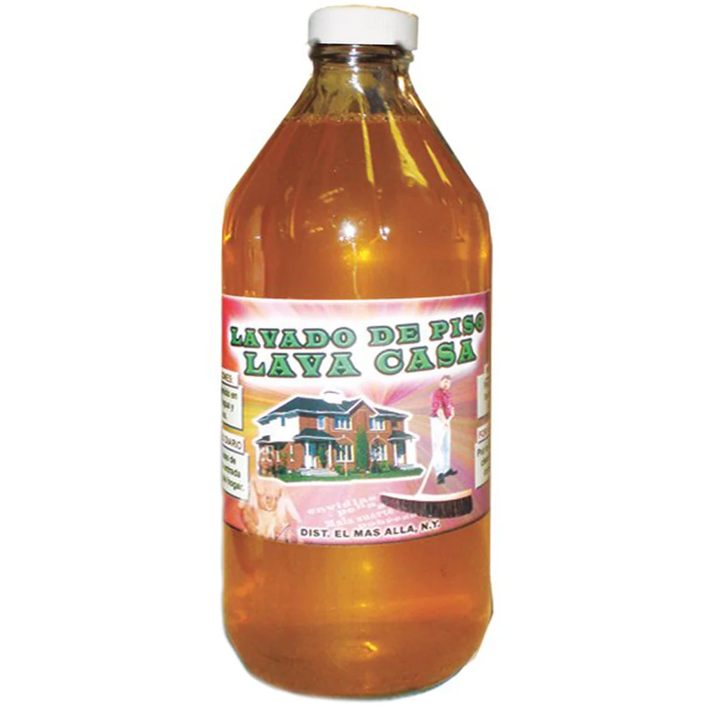 Botella de lavado de piso Lava Casa con etiqueta ilustrada de una vivienda.