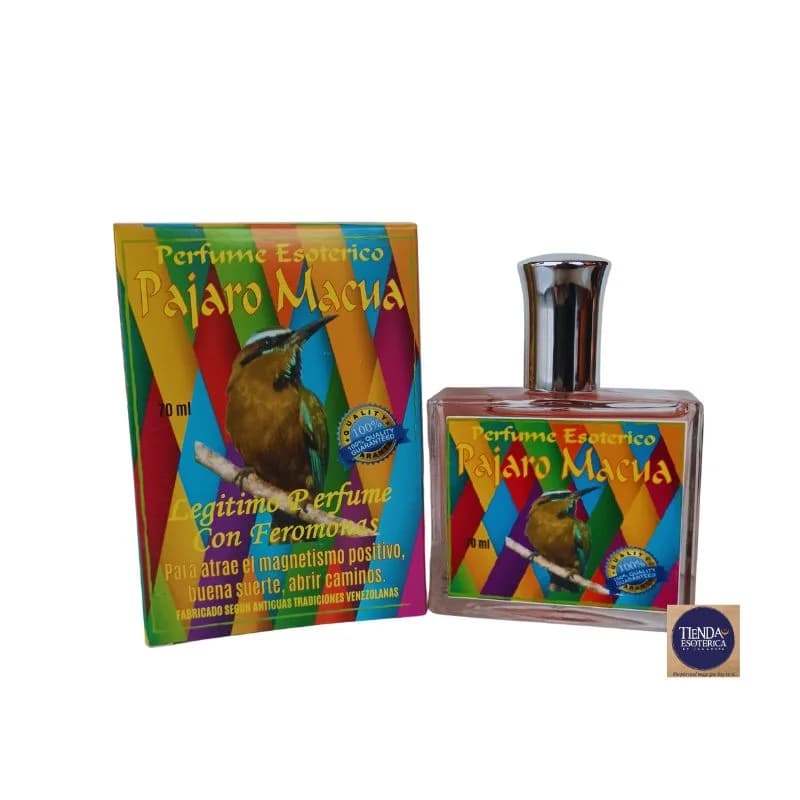 Frasco y caja de perfume esotérico Pájaro Macuá