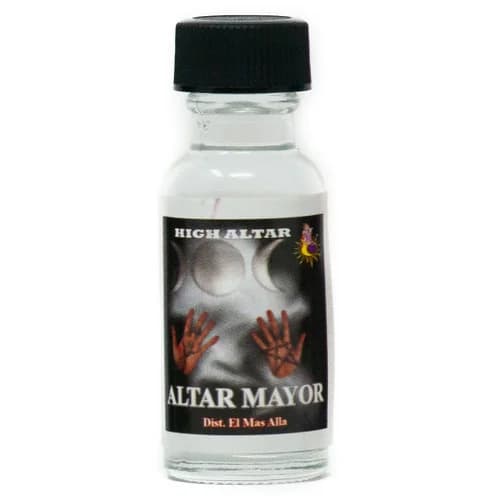 Frasco de perfume esotérico Altar Mayor con etiqueta ritual.