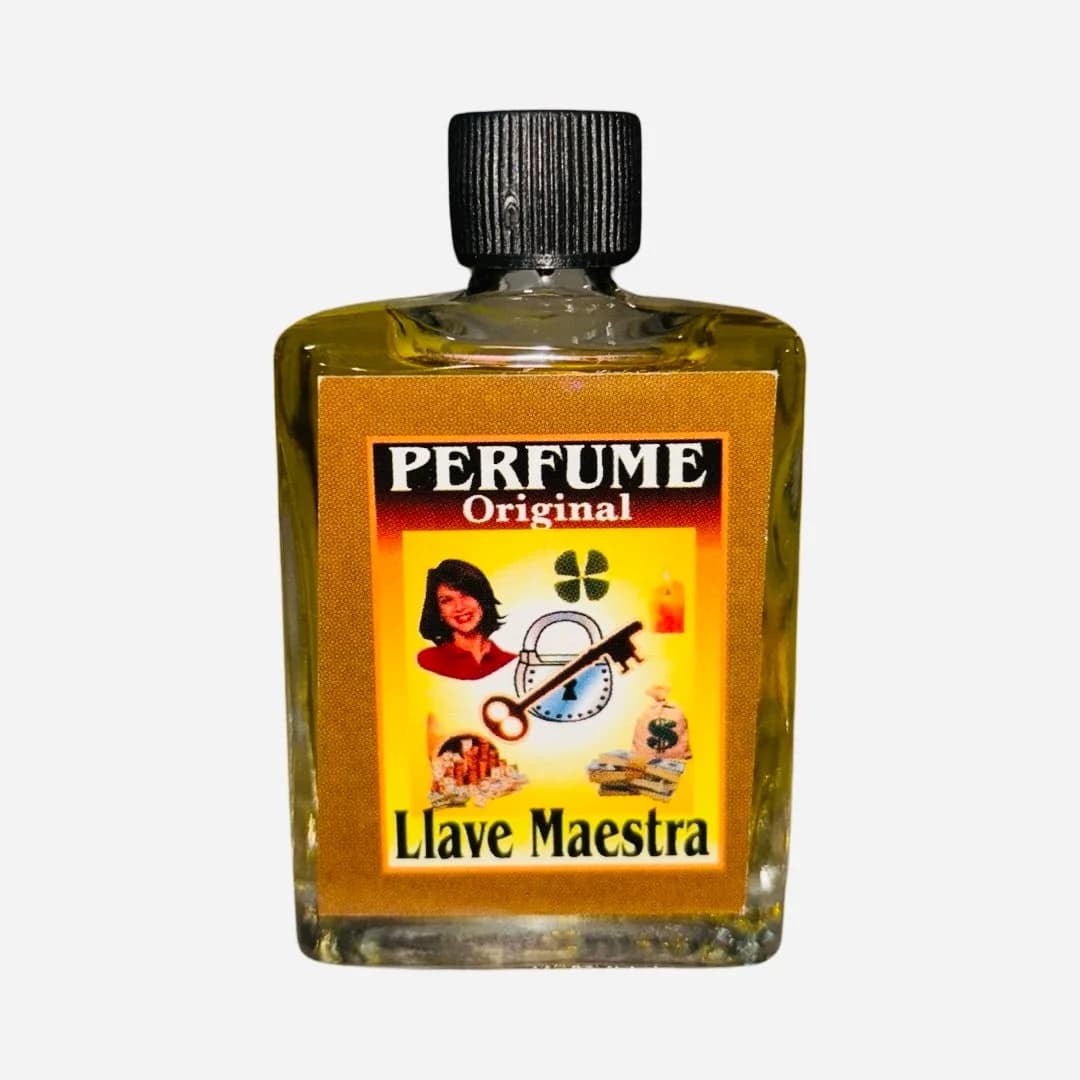 Frasco de perfume Llave Maestra con etiqueta ilustrada de una llave.