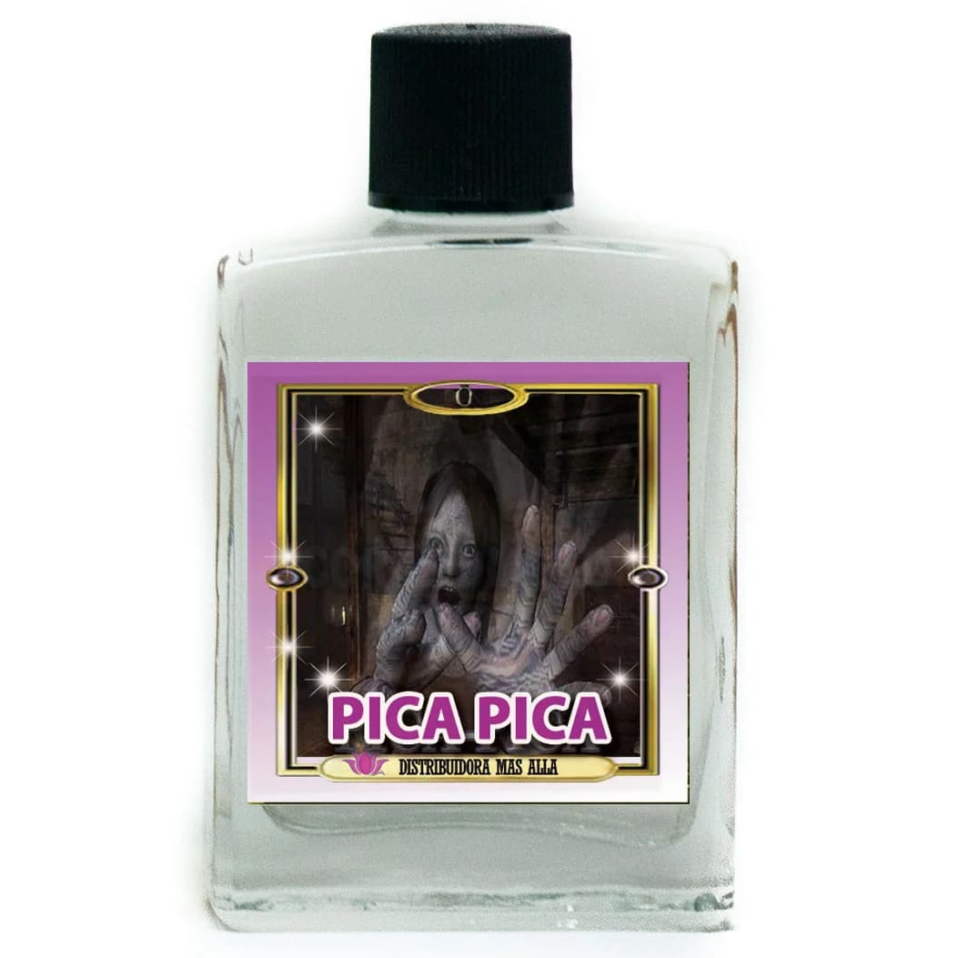 Frasco de perfume esotérico Pica Pica con etiqueta púrpura y dorada.