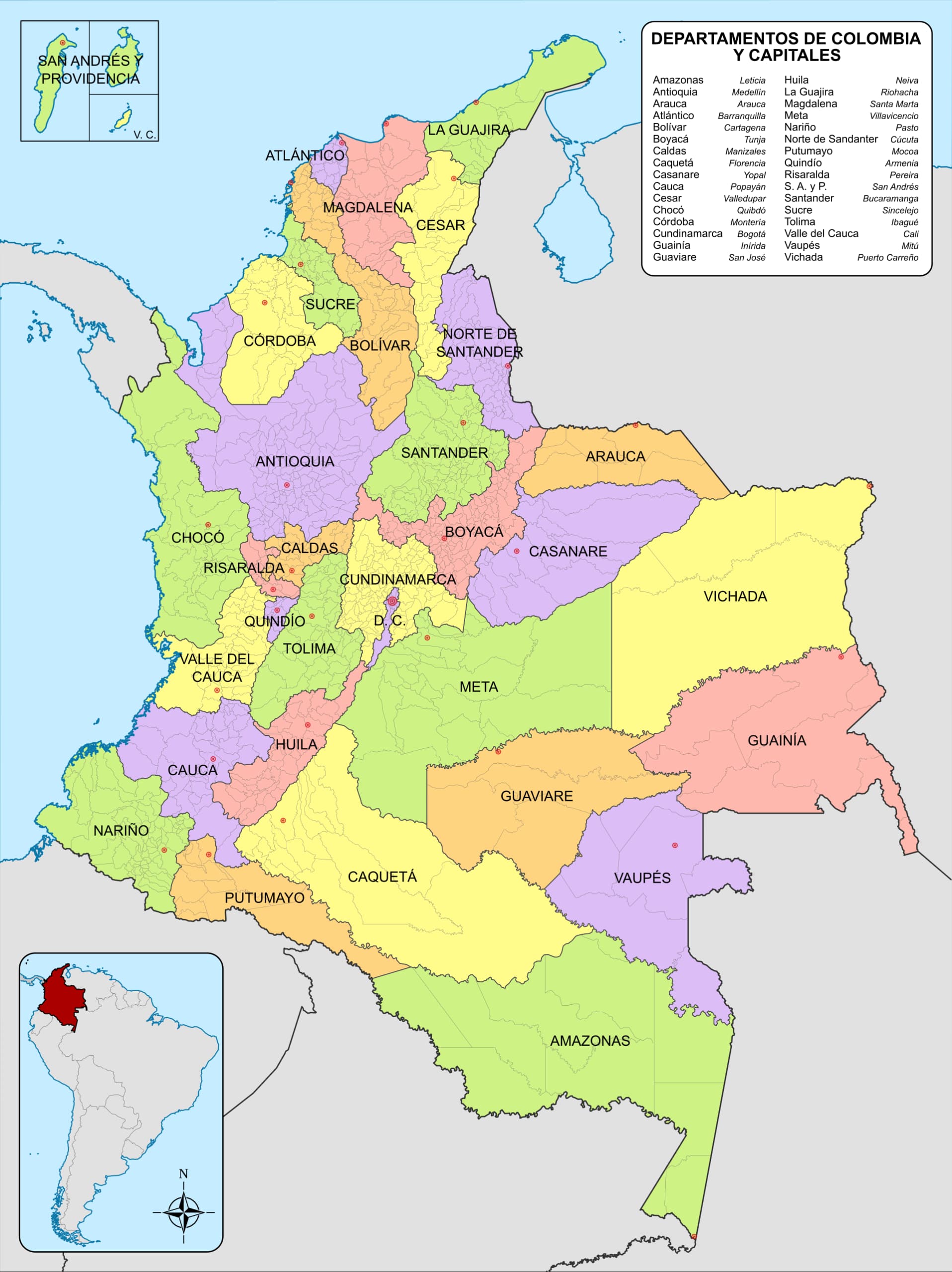Mapa de Colombia con los departamentos