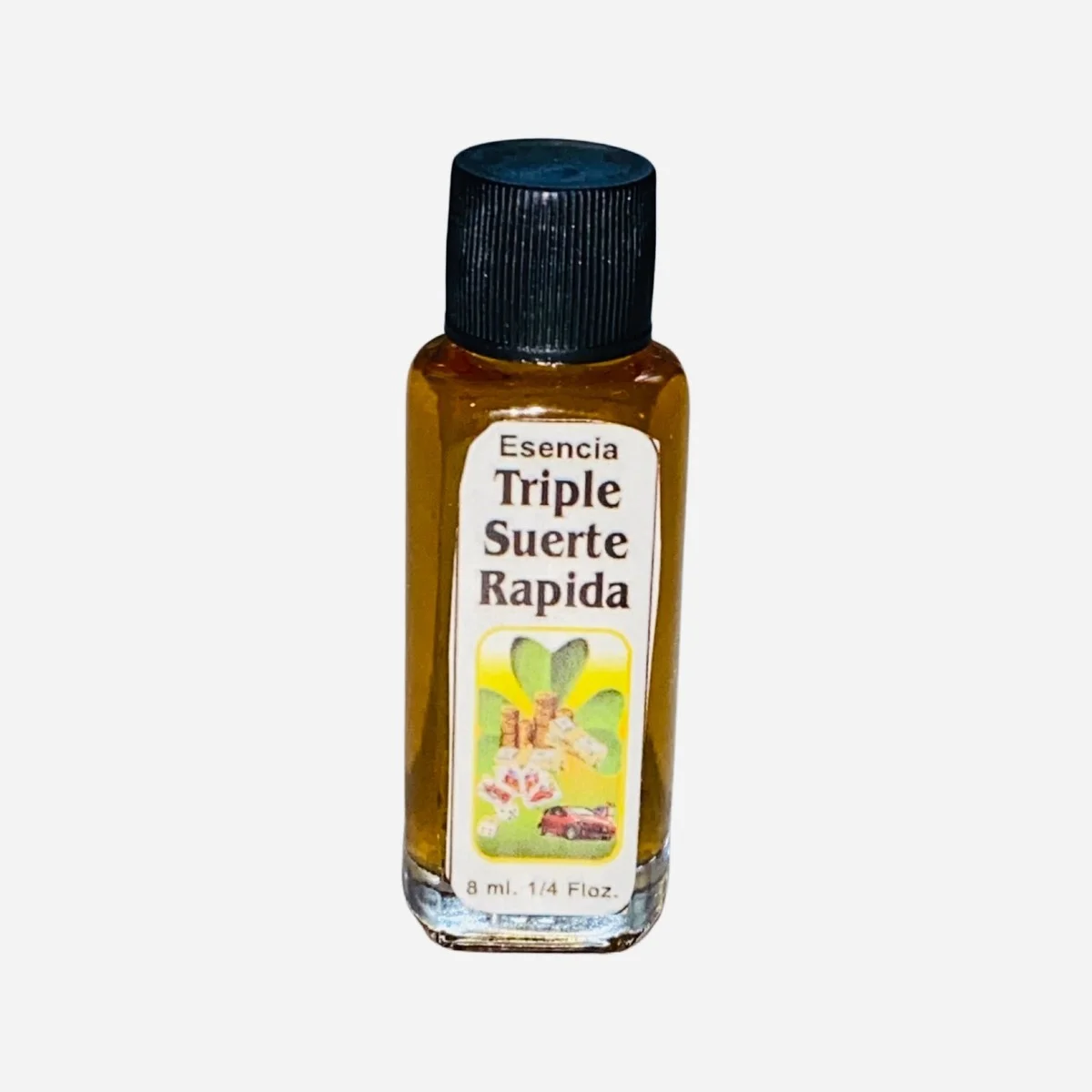 Frasco de esencia Triple Suerte Rápida con etiqueta identificada.