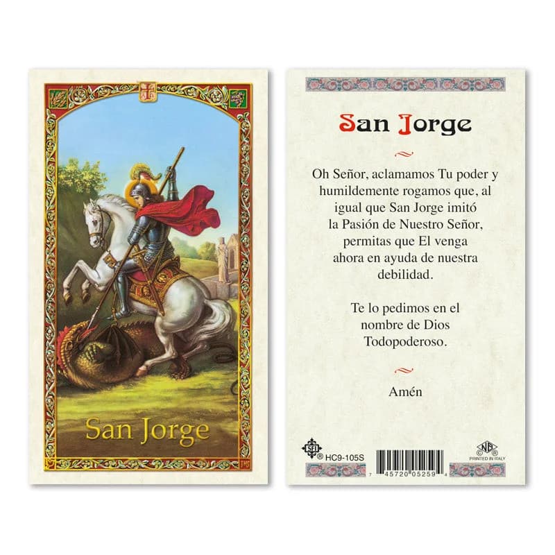 Estampa laminada de San Jorge a caballo venciendo al dragón