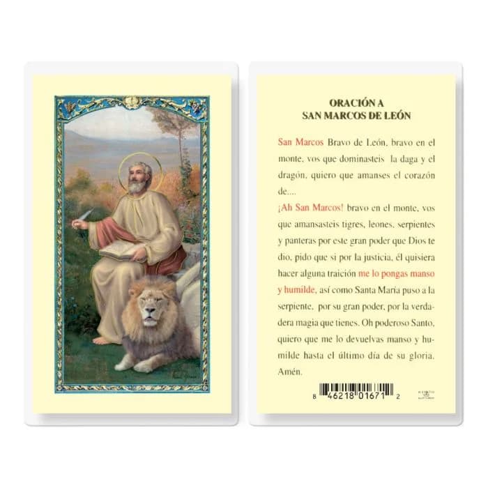 Estampa de oración de San Marcos de León con el león