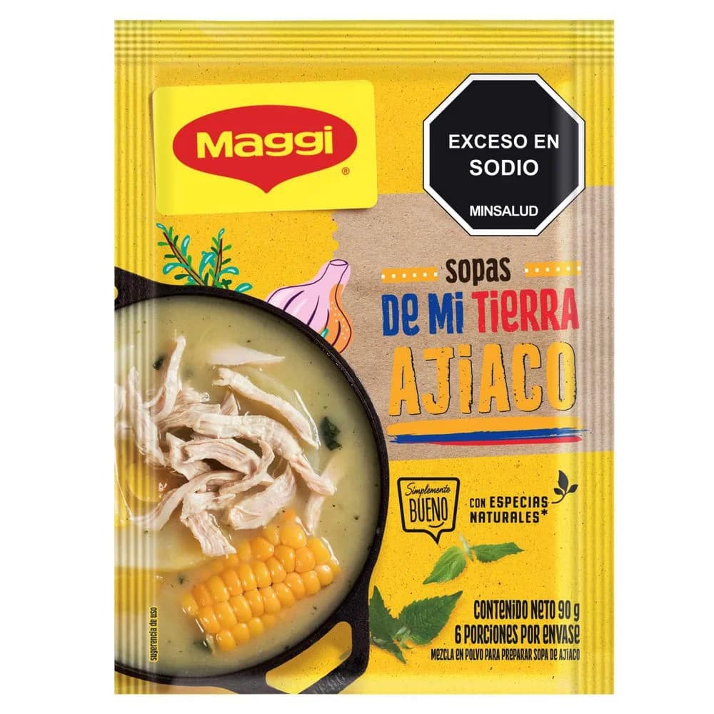 Sobre amarillo de sopa Maggi sabor ajiaco de 90 gramos.